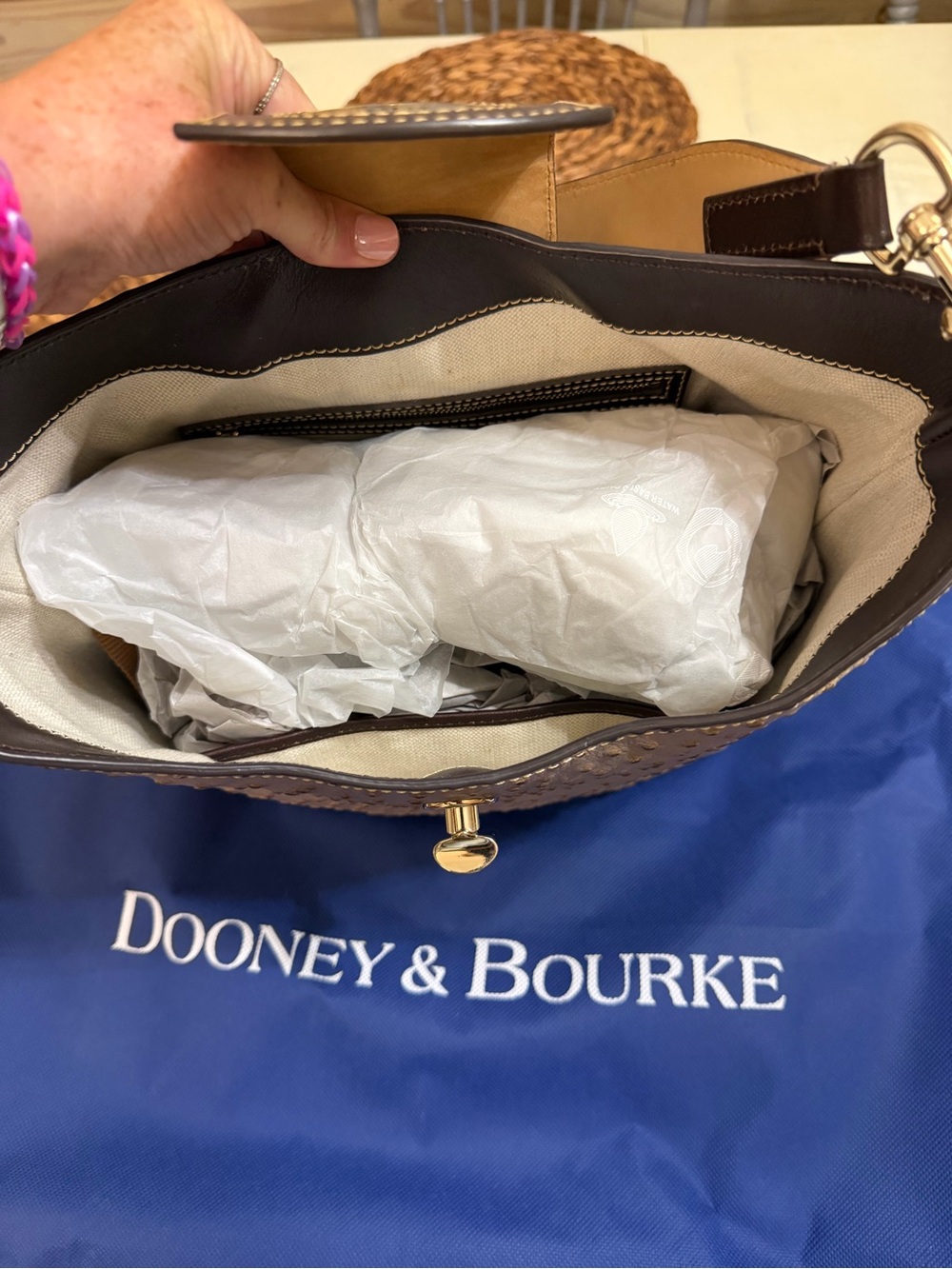 Dooney & Bourke Beige Ostrich-Texture Hobo with Dark Brown Trim - Picture 5 of 5
